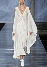 French White V Neck Hollow Out Chiffon Maxi Dresses Butterfly Sleeve 3