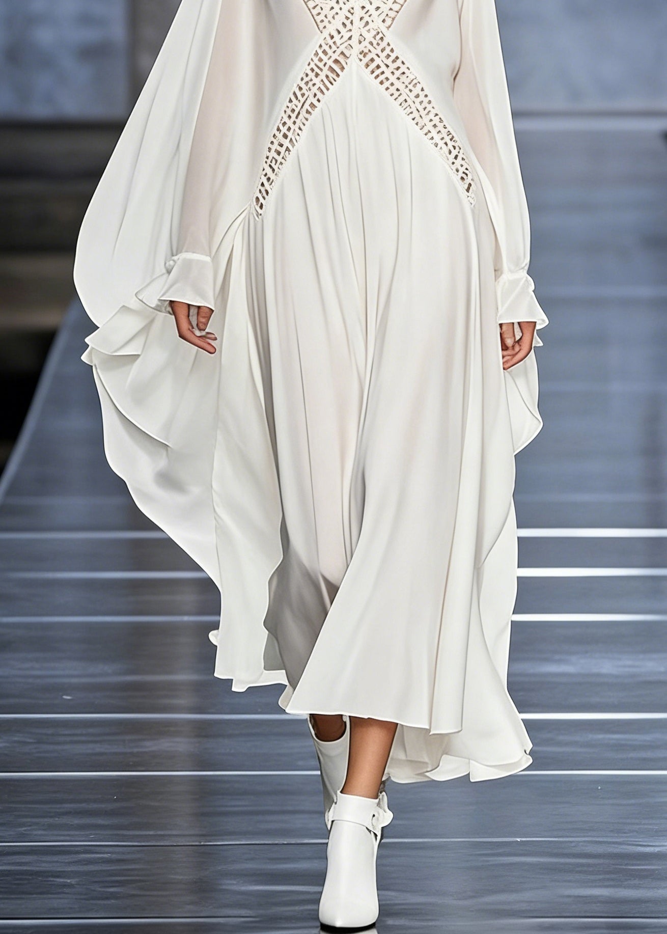 French White V Neck Hollow Out Chiffon Maxi Dresses Butterfly Sleeve 4