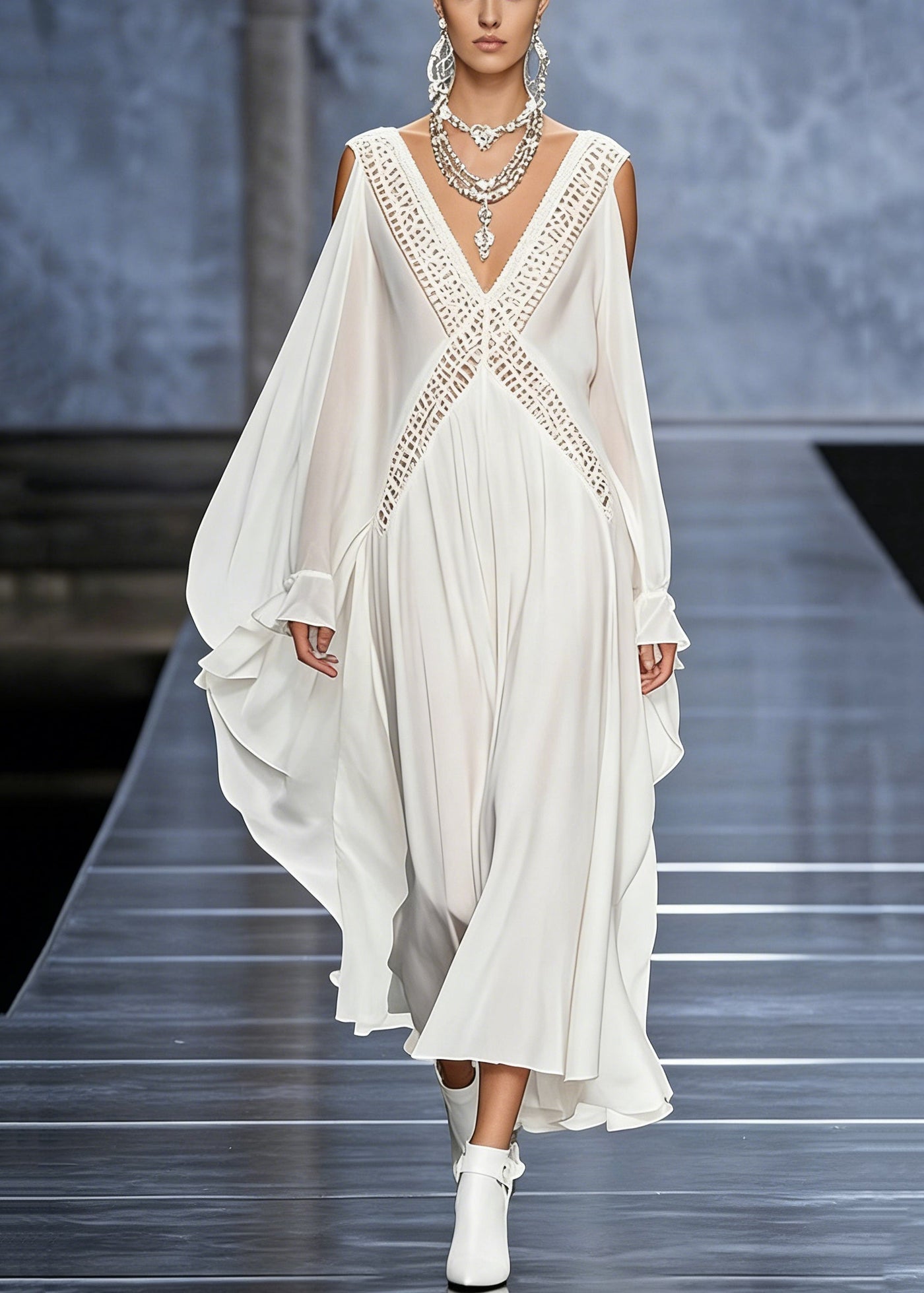 French White V Neck Hollow Out Chiffon Maxi Dresses Butterfly Sleeve 5