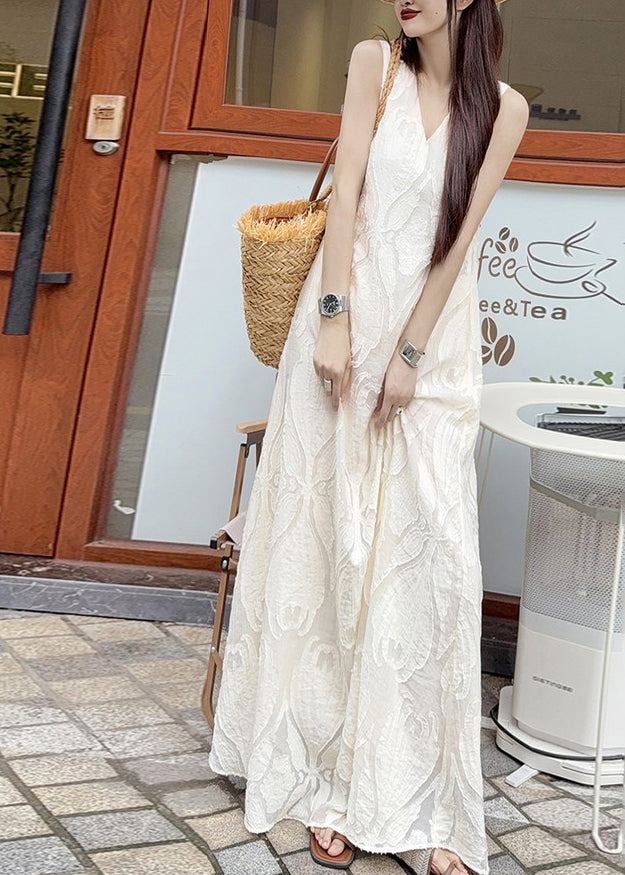 Jacquard Leaf Embossed Deep V-Neck Sleeveless Flowy Maxi Dress