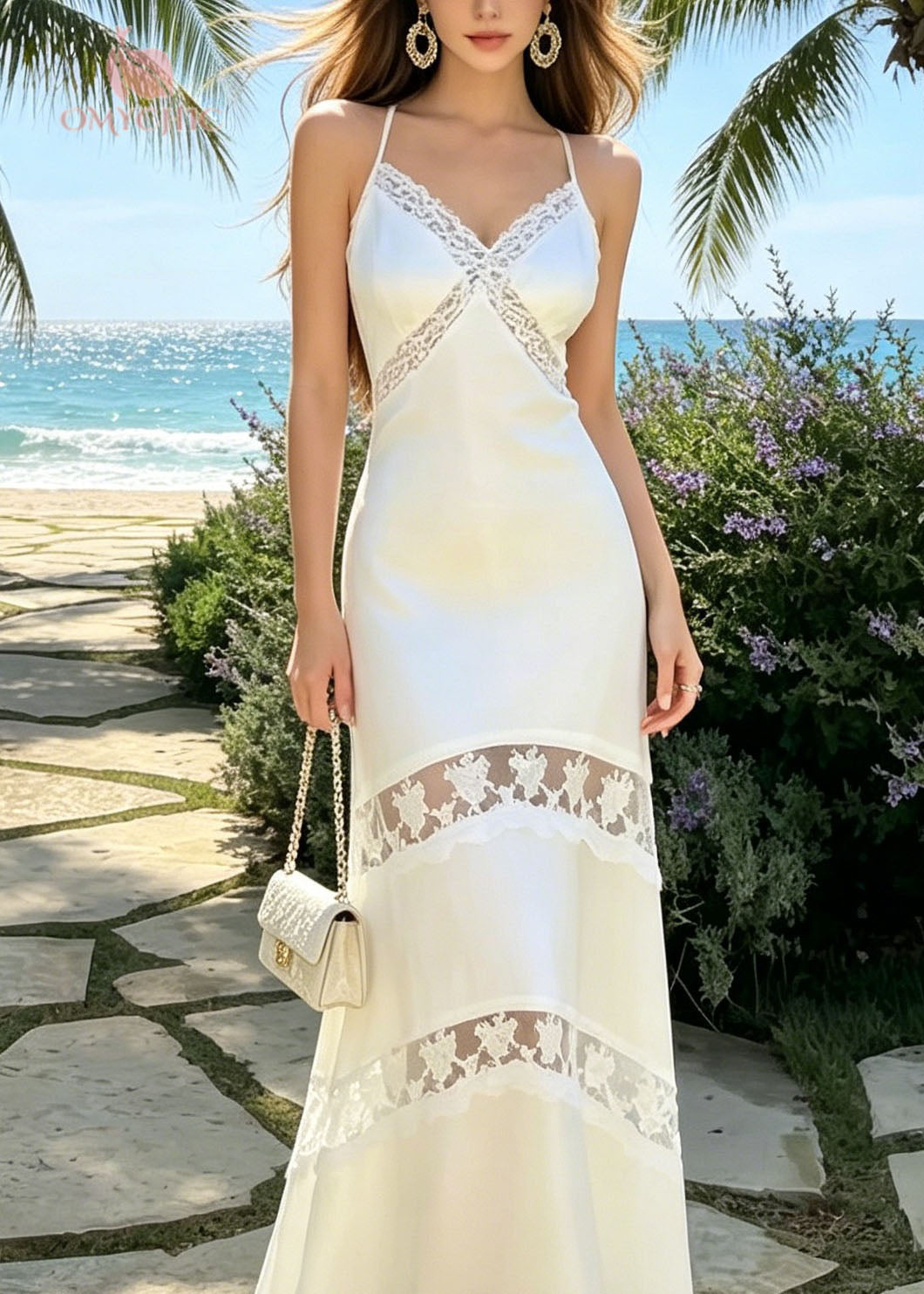 French White V Neck Lace Patchwork Silk Spaghetti Strap Dress Summer 2