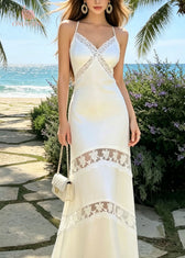 French White V Neck Lace Patchwork Silk Spaghetti Strap Dress Summer 2