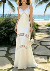 French White V Neck Lace Patchwork Silk Spaghetti Strap Dress Summer 3