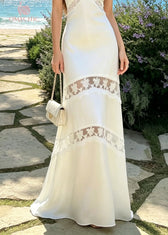 French White V Neck Lace Patchwork Silk Spaghetti Strap Dress Summer 4