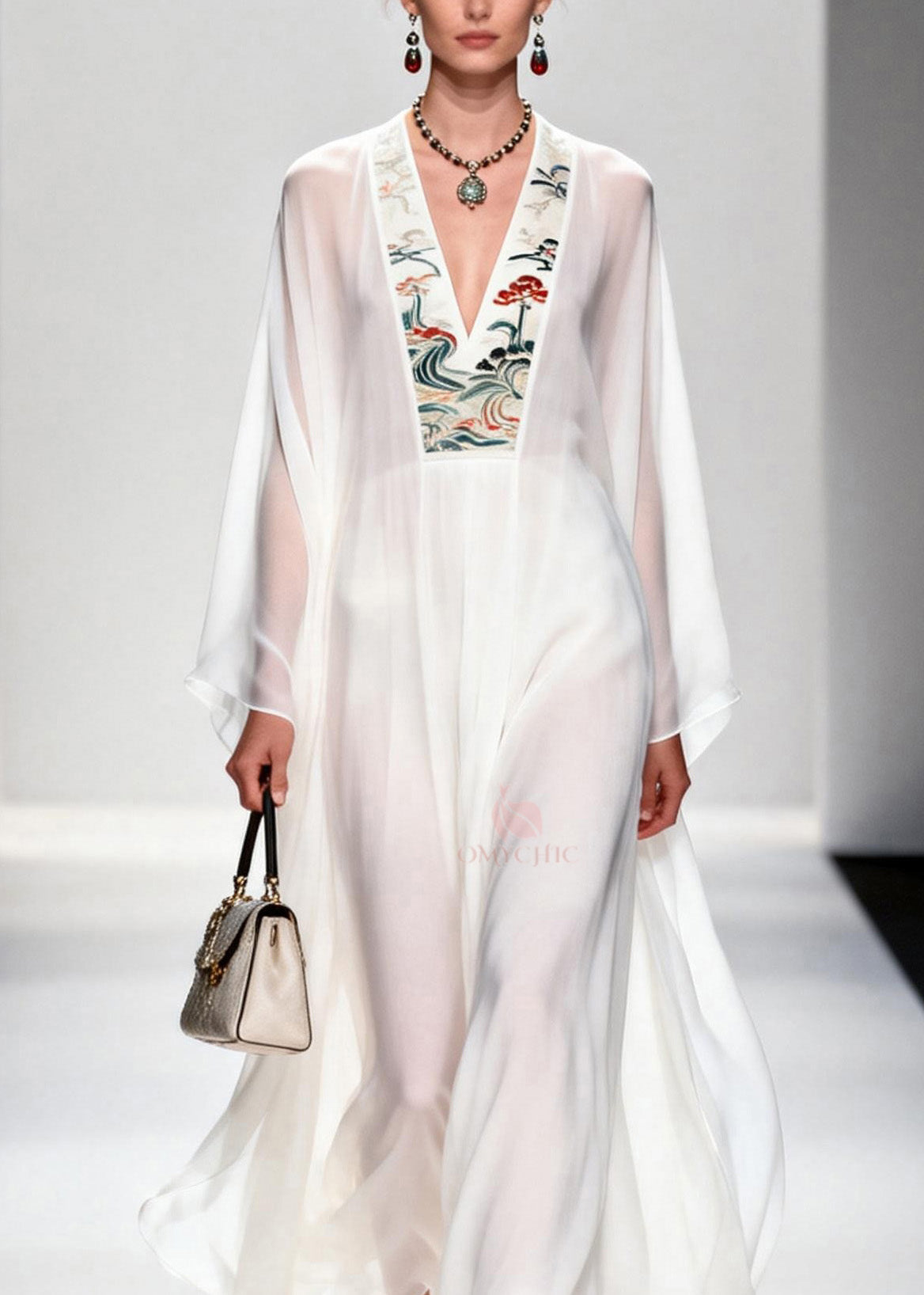 Embroidered Floral Panel Deep V-Neck Bell Sleeve Sheer Chiffon Maxi Gown