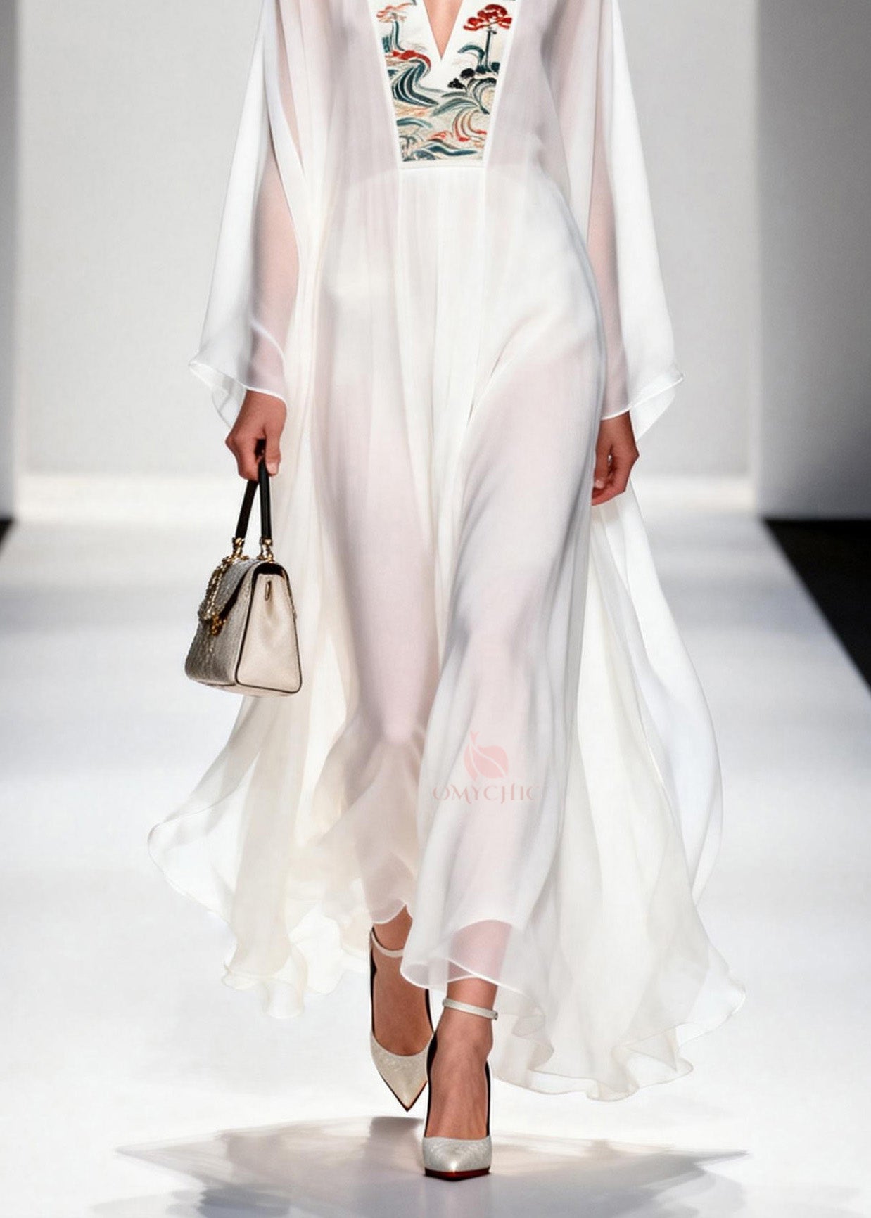 Embroidered Floral Panel Deep V-Neck Bell Sleeve Sheer Chiffon Maxi Gown