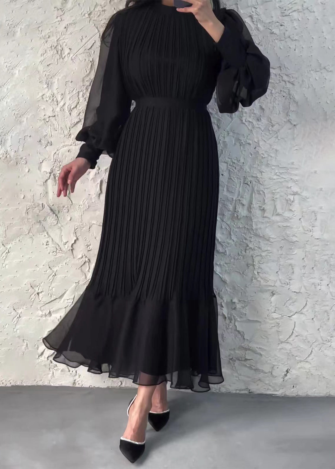 Chiffon Pleated Mock Neck Sheer Bishop Sleeve Ruffle Flounce Hem Maxi Dress
