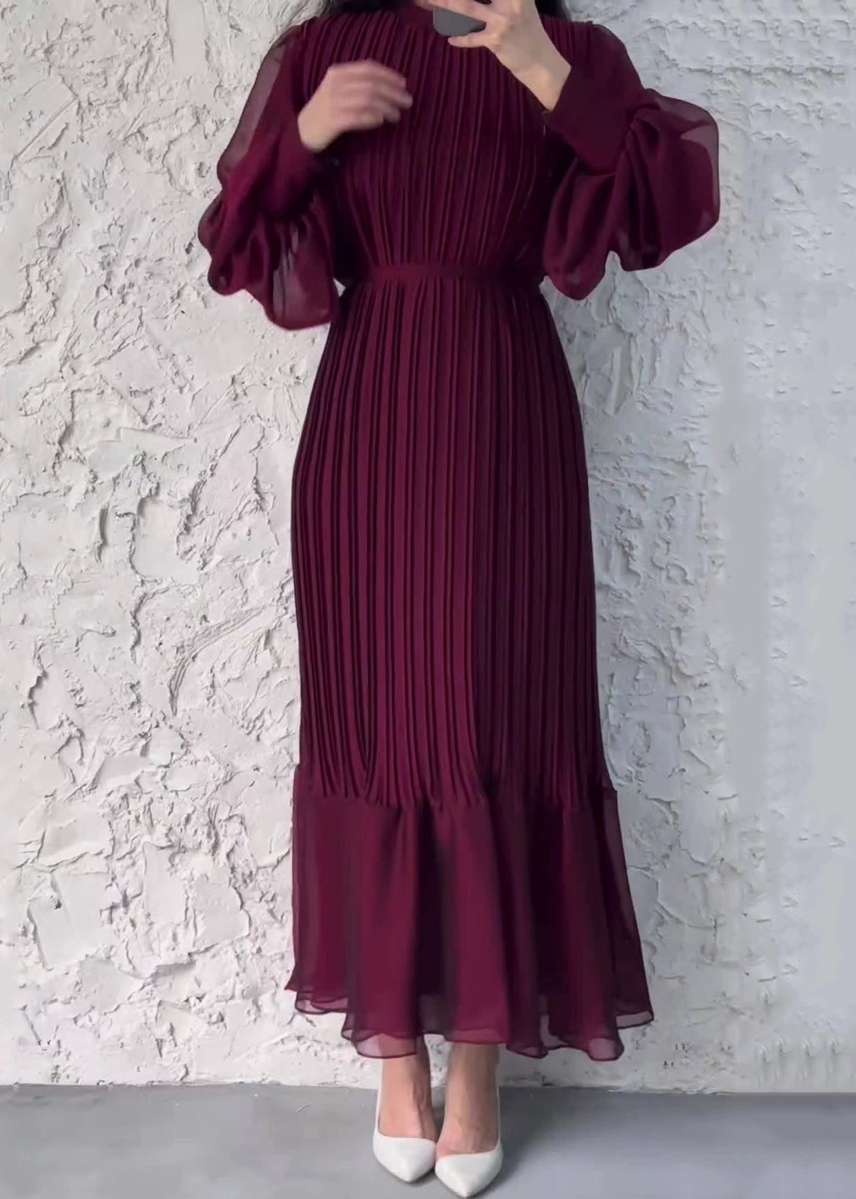 Chiffon Pleated Mock Neck Sheer Bishop Sleeve Ruffle Flounce Hem Maxi Dress