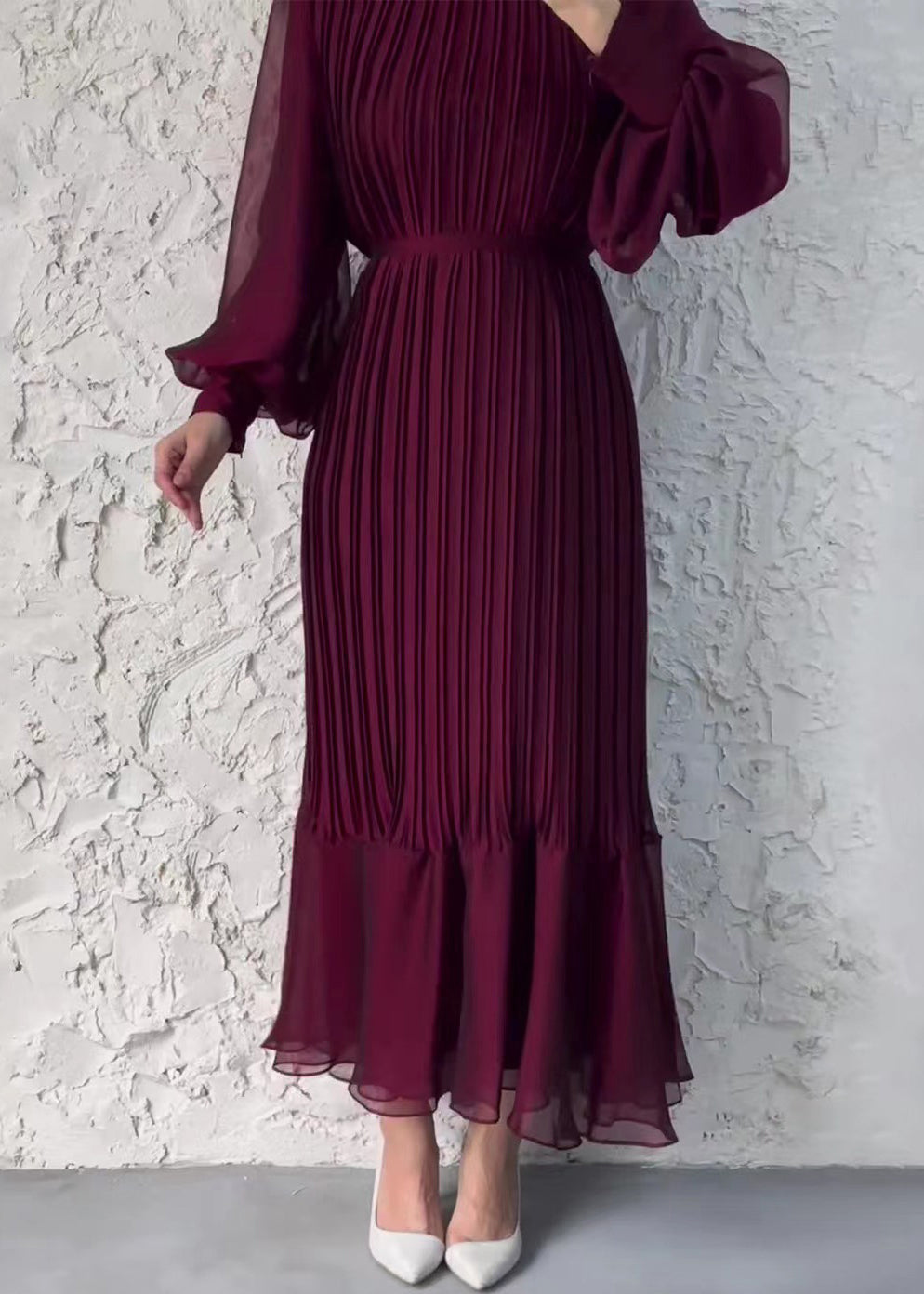 Chiffon Pleated Mock Neck Sheer Bishop Sleeve Ruffle Flounce Hem Maxi Dress