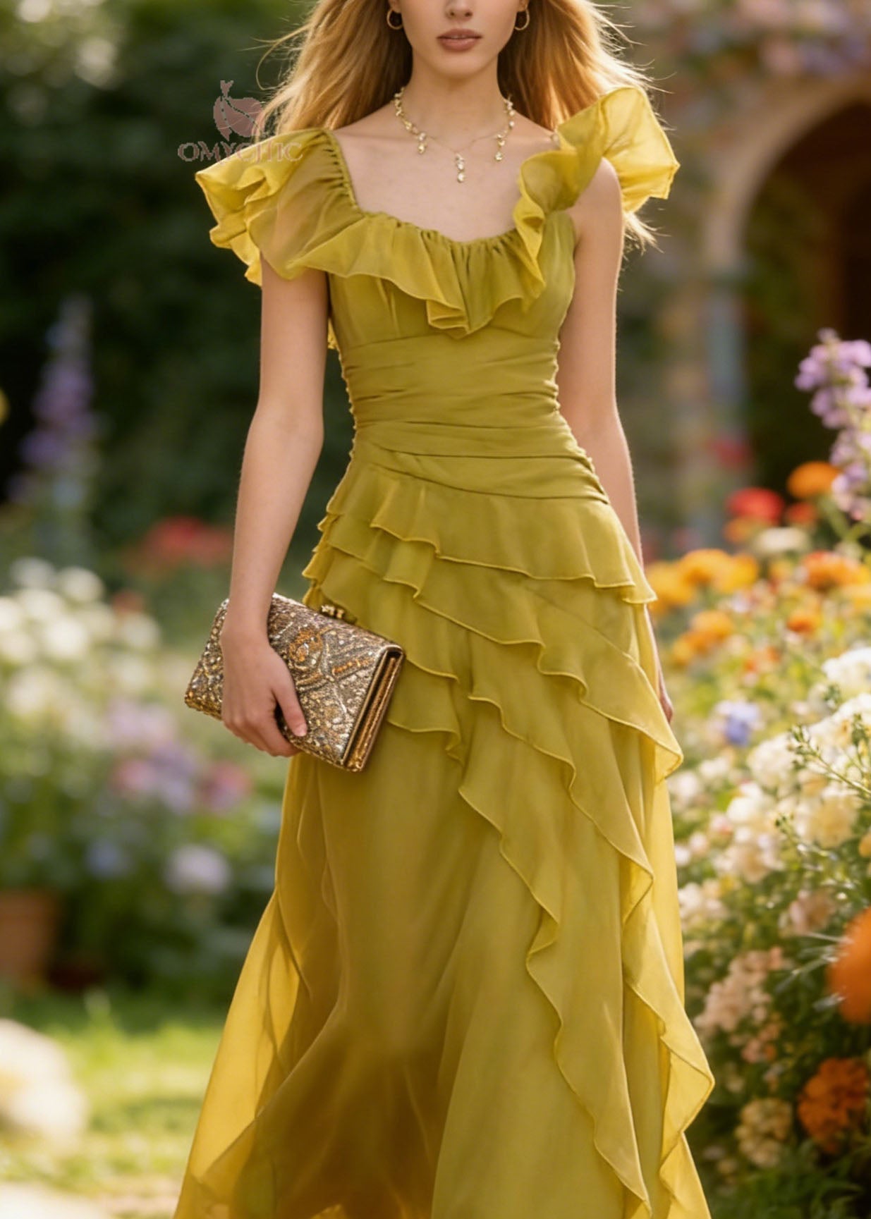 French Yellow Green Ruffled Patchwork Chiffon Dresses Summer - View 2