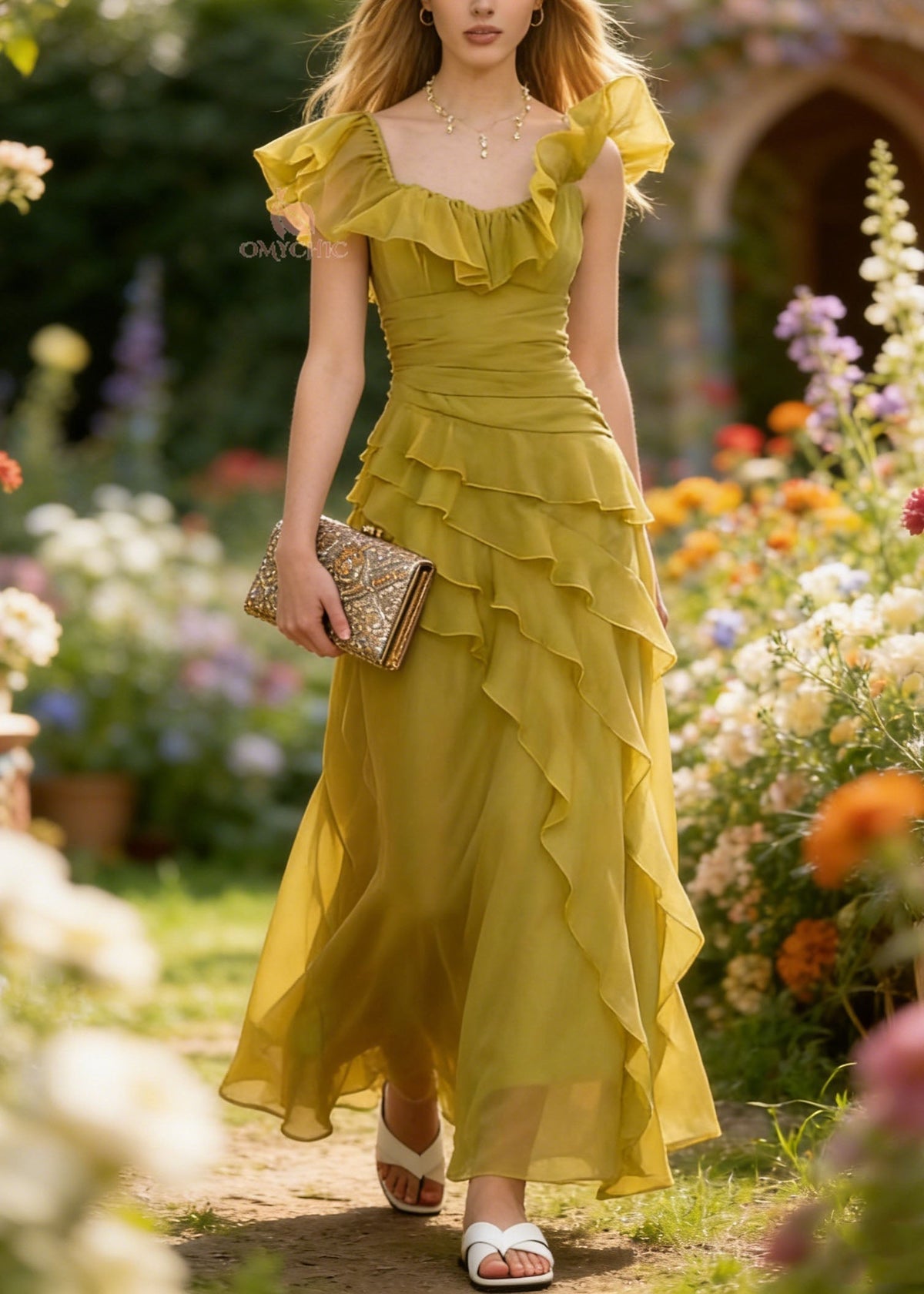 Chiffon Ruffle Neck Ruched Waist Tiered Ruffle Maxi Dress 5
