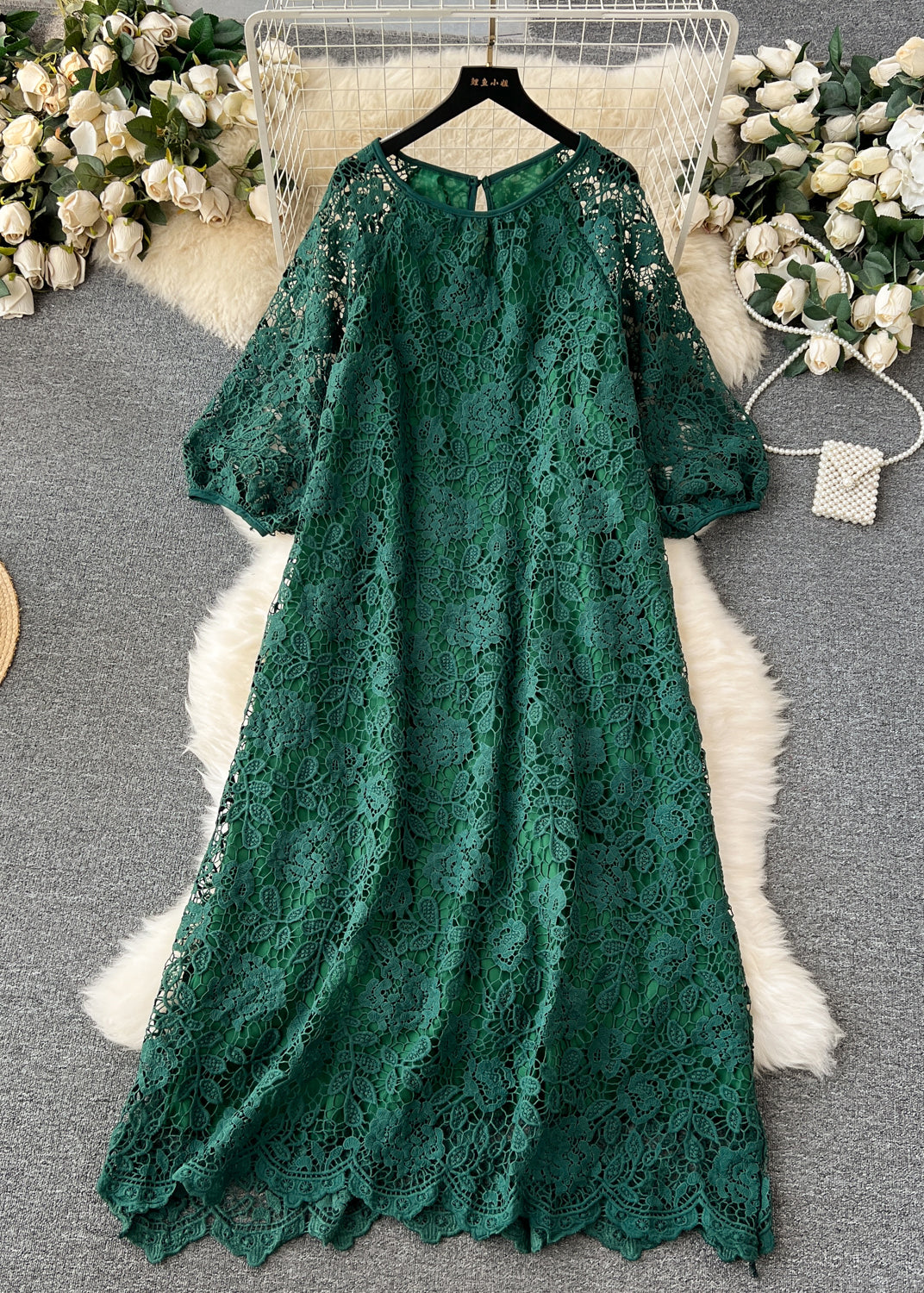 Floral Lace Crew Neck Keyhole Back Three Quarter Puff Sleeve Scallop Hem Midi Dress