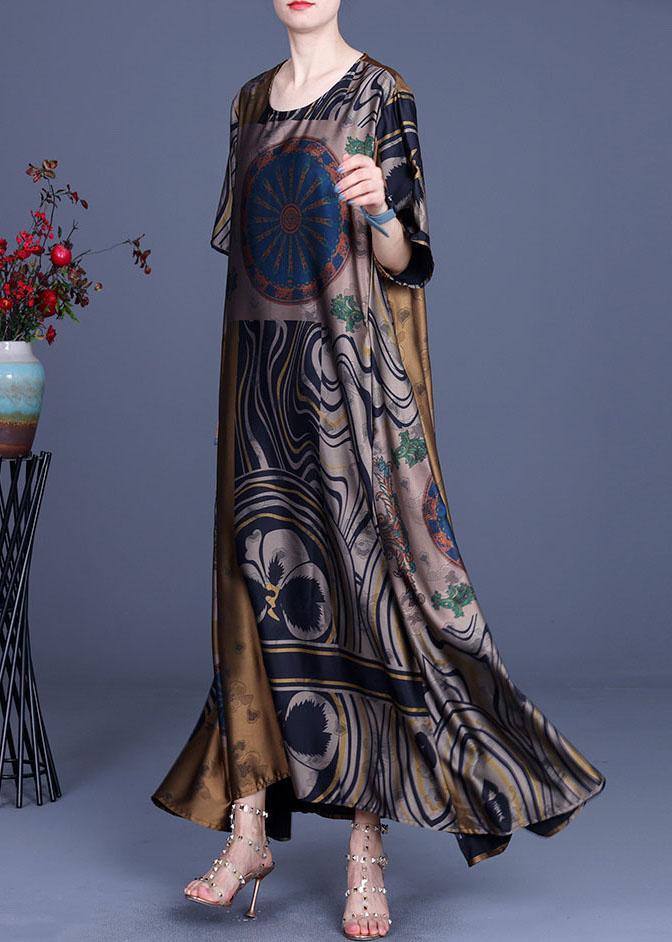 Patchwork Print Round Neck Drop Shoulder Oversized Satin Maxi Dress