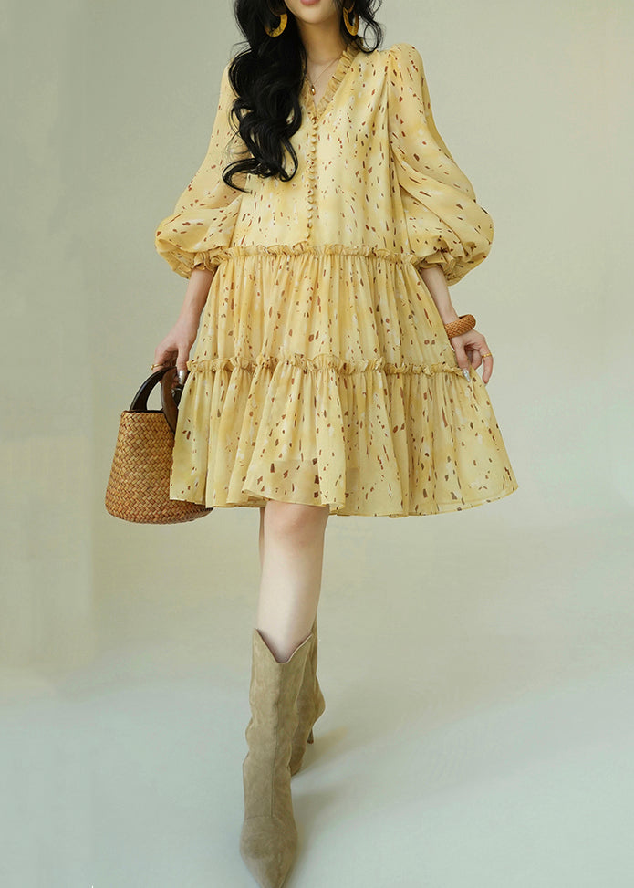 French Yellow Ruffled Print Tie Waist Chiffon Dress Fall 3