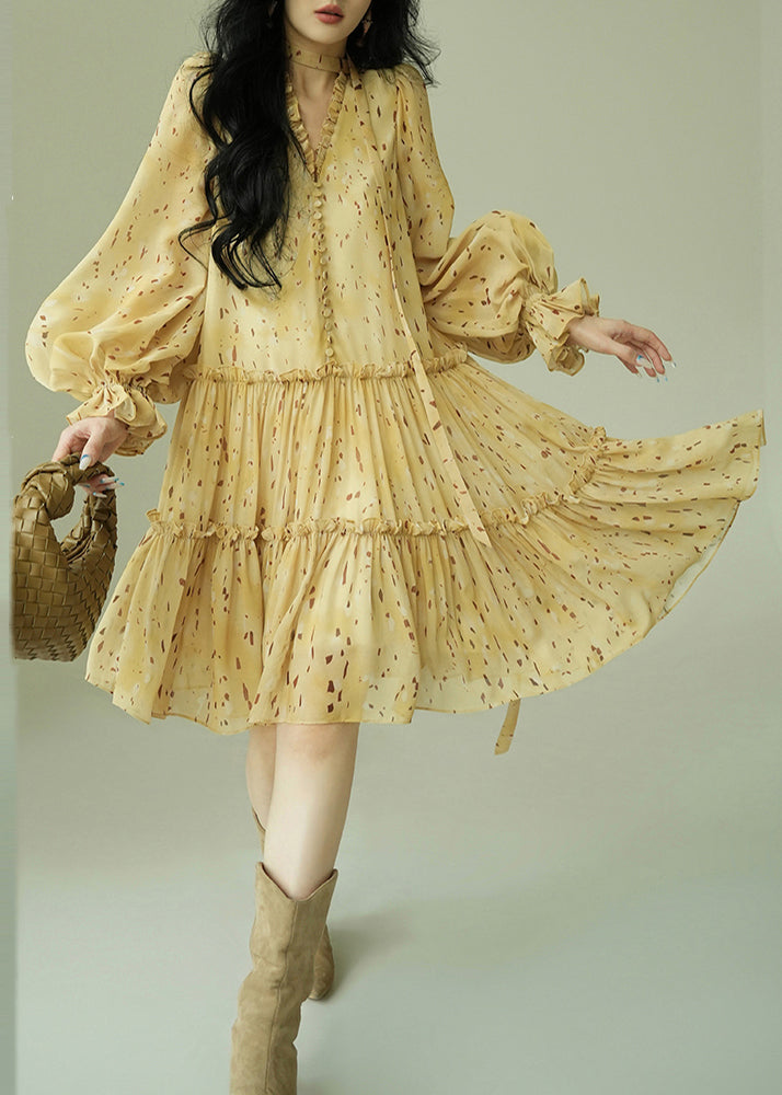 French Yellow Ruffled Print Tie Waist Chiffon Dress Fall 4