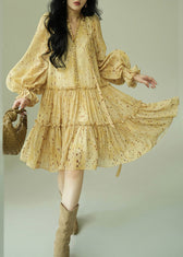 French Yellow Ruffled Print Tie Waist Chiffon Dress Fall 4