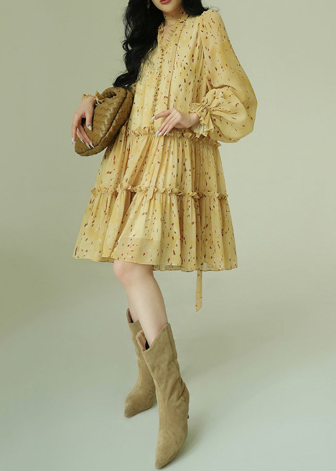 French Yellow Ruffled Print Tie Waist Chiffon Dress Fall 5