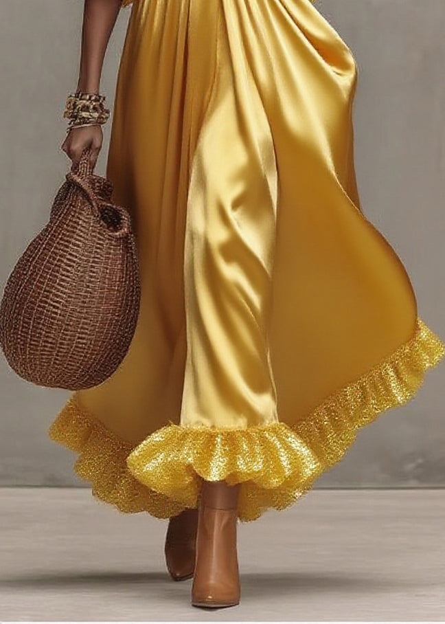 Satin Sweetheart Neck Puff Sleeve Ruffle Cuff Empire Waist Maxi Gown
