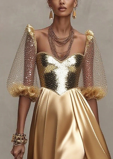 Sequin Sweetheart Puff Sleeve Bustier Ruffle Hem Maxi Evening Dress