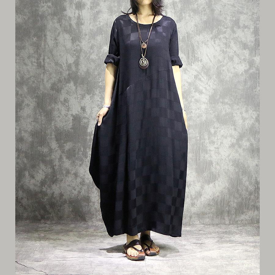 Check Print Round Neck Short Sleeve Pleated Cocoon Maxi Dress