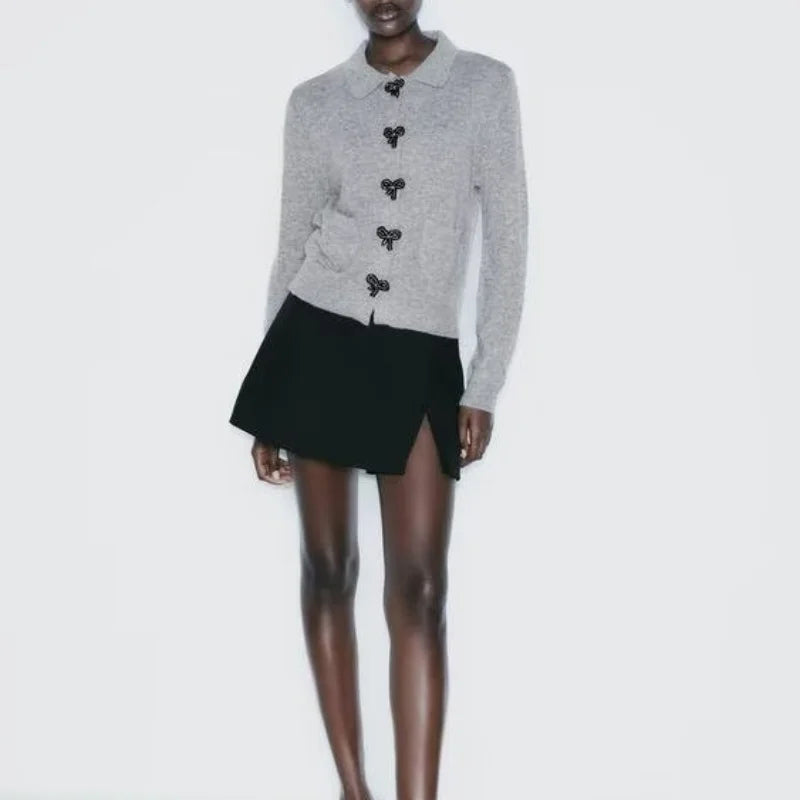 Collared Long Sleeve Bow Button Front Knit Cardigan