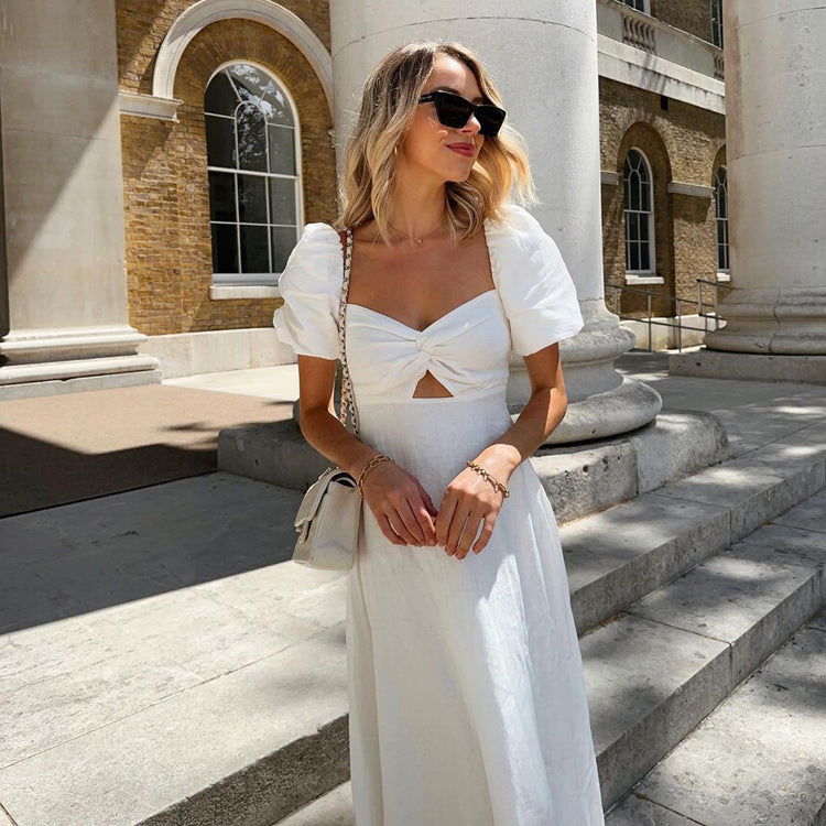 French Design Square Collar Slimming Puff Sleeve A Line Dress White Dress