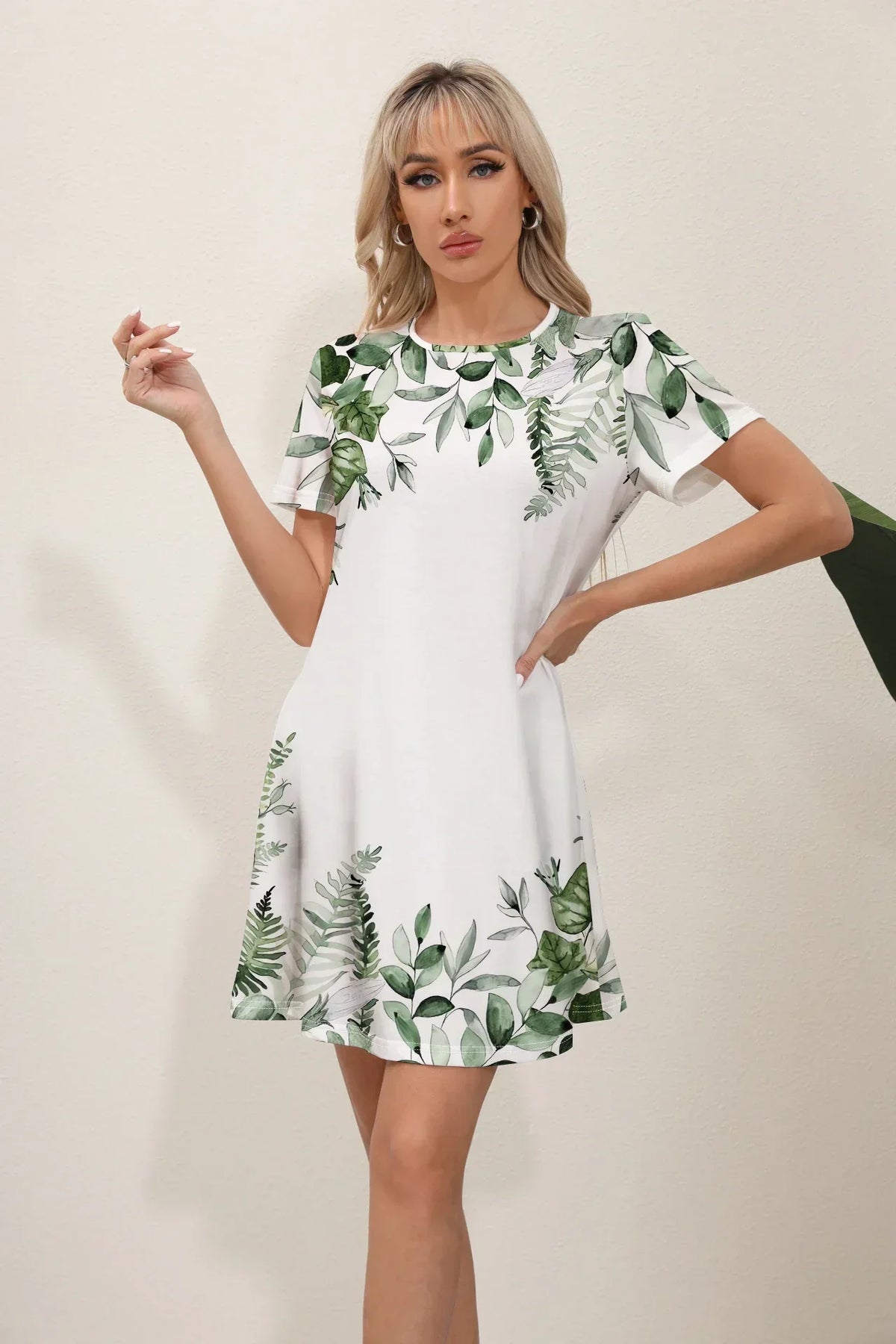 Leaf Print Crew Neck Short Sleeve A-Line T-Shirt Mini Dress