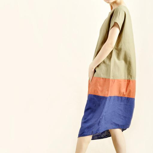 Fresh color patch maxi dress linen cotton oversize sundress