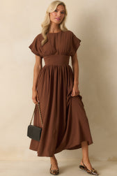 Round Neck Short Sleeve Ruched Waist Midi Dress 4