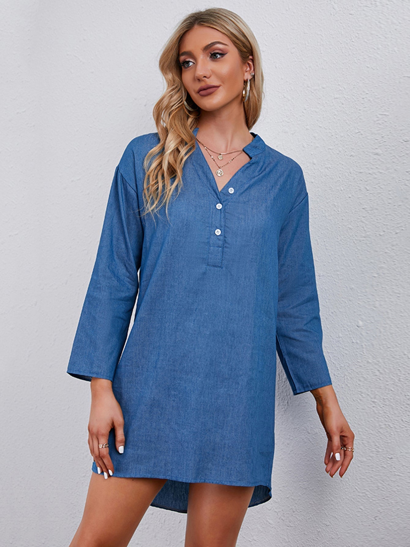 Front buttons  long sleeves denim dress