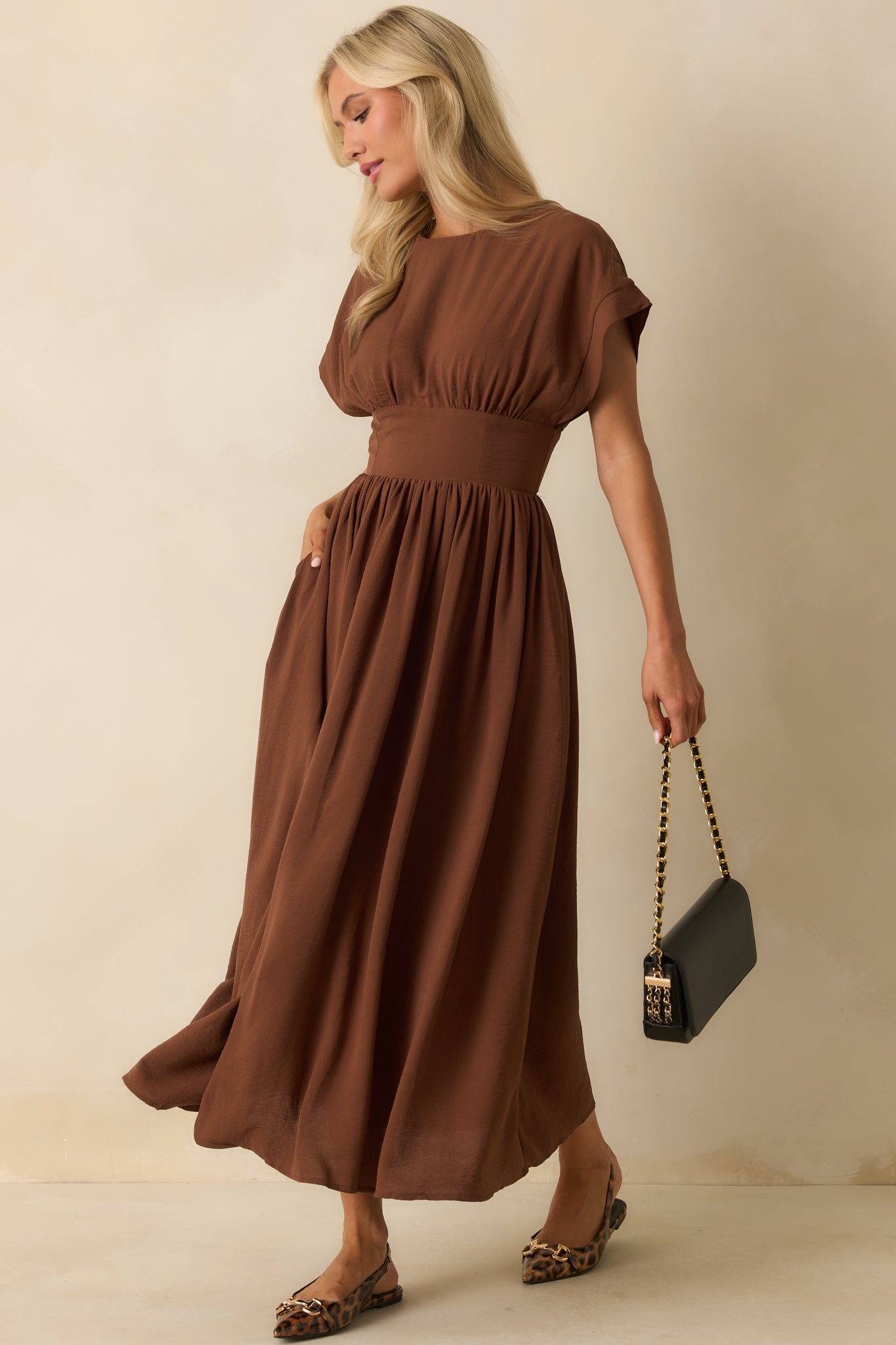 Round Neck Short Sleeve Ruched Waist Midi Dress 5
