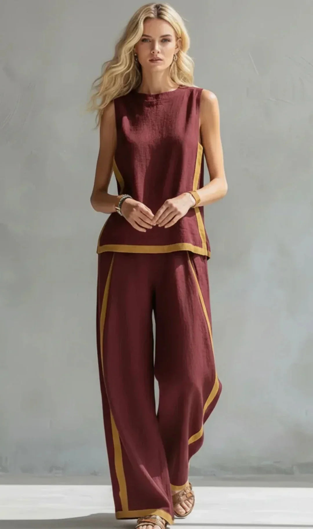 Sleeveless Contrast Trim Top and Wide Leg Pants Two Piece Set