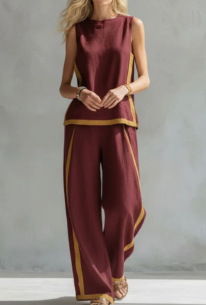 Contrast Trim Sleeveless Top and Wide Leg Pants Two Piece Set