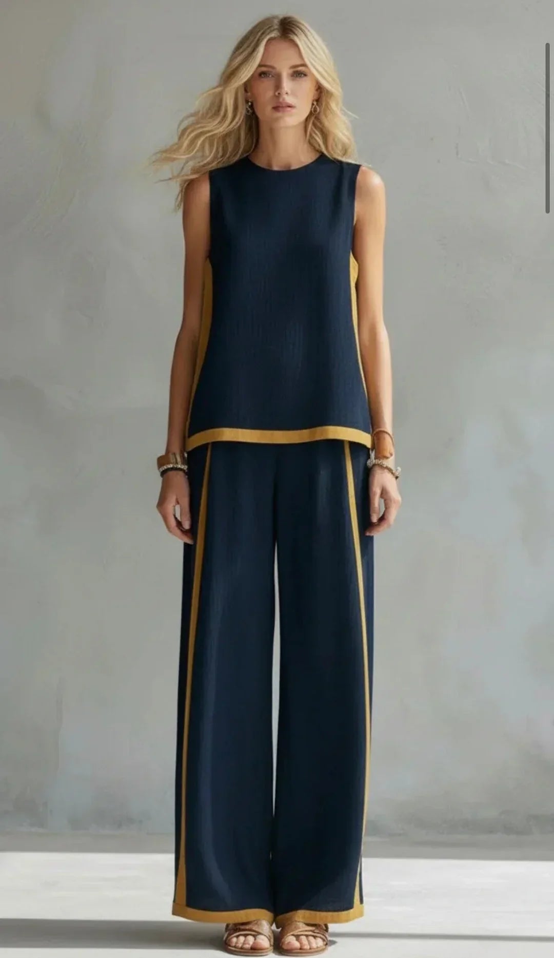Sleeveless Contrast Trim Top and Wide Leg Pants Two Piece Set