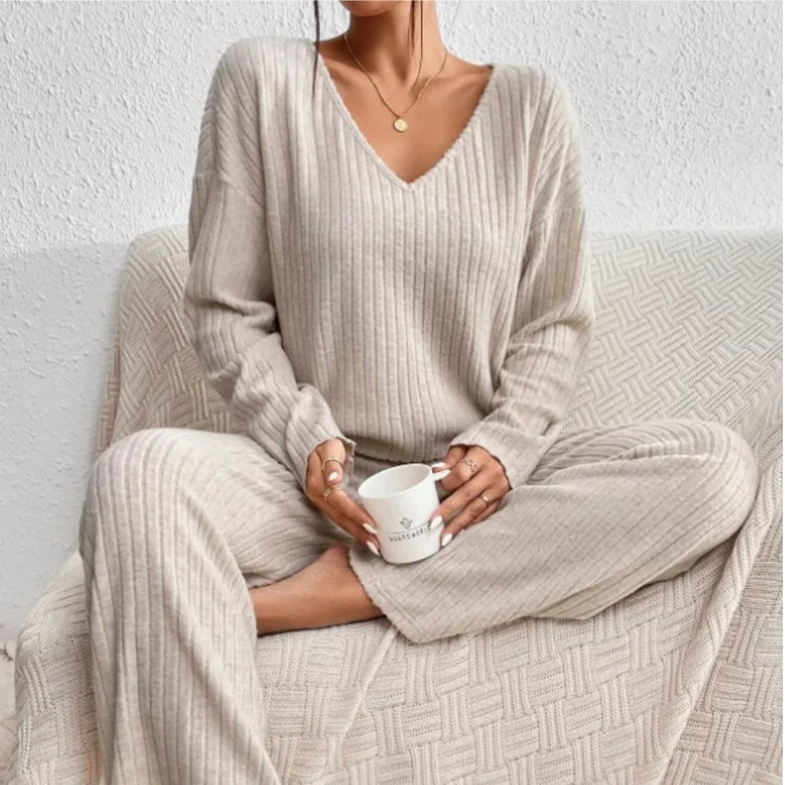 Ribbed Knit V-Neck Long Sleeve Top and Wide Leg Pants Two Piece Set