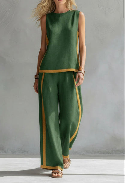 Contrast Trim Sleeveless Top and Wide Leg Pants Two Piece Set