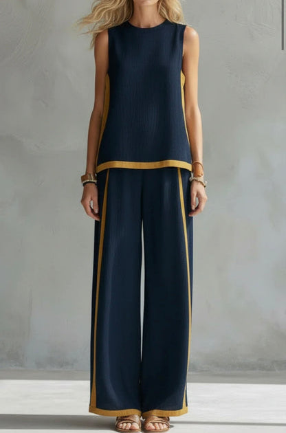 Contrast Trim Sleeveless Top and Wide Leg Pants Two Piece Set