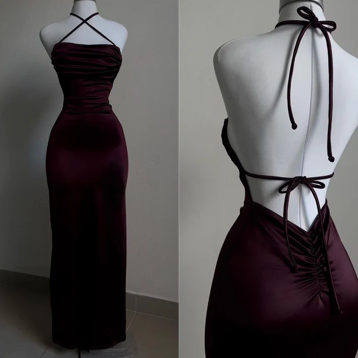 Burgundy Sheath Satin Backless Birthday Dress  Prom Dress Evening Dress cc1934
