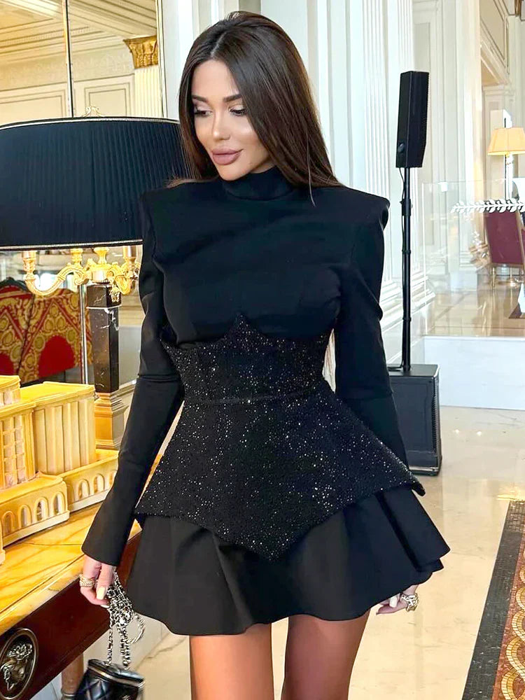 Long Sleeve High Neck Rhinestone Corset Ruffle Mini Dress