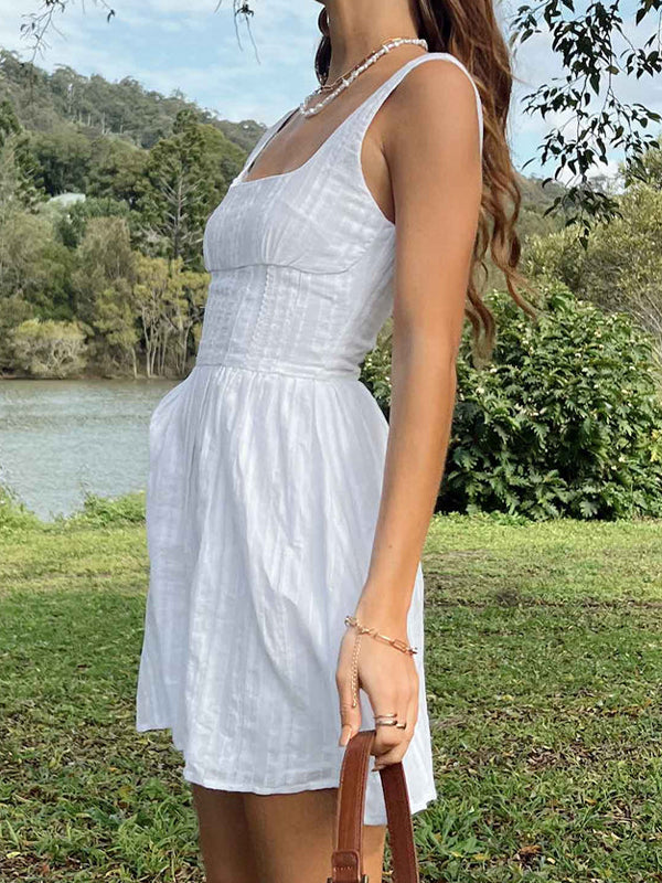 Square Neck Wide Strap Textured Stripe Fit and Flare Mini Dress 3