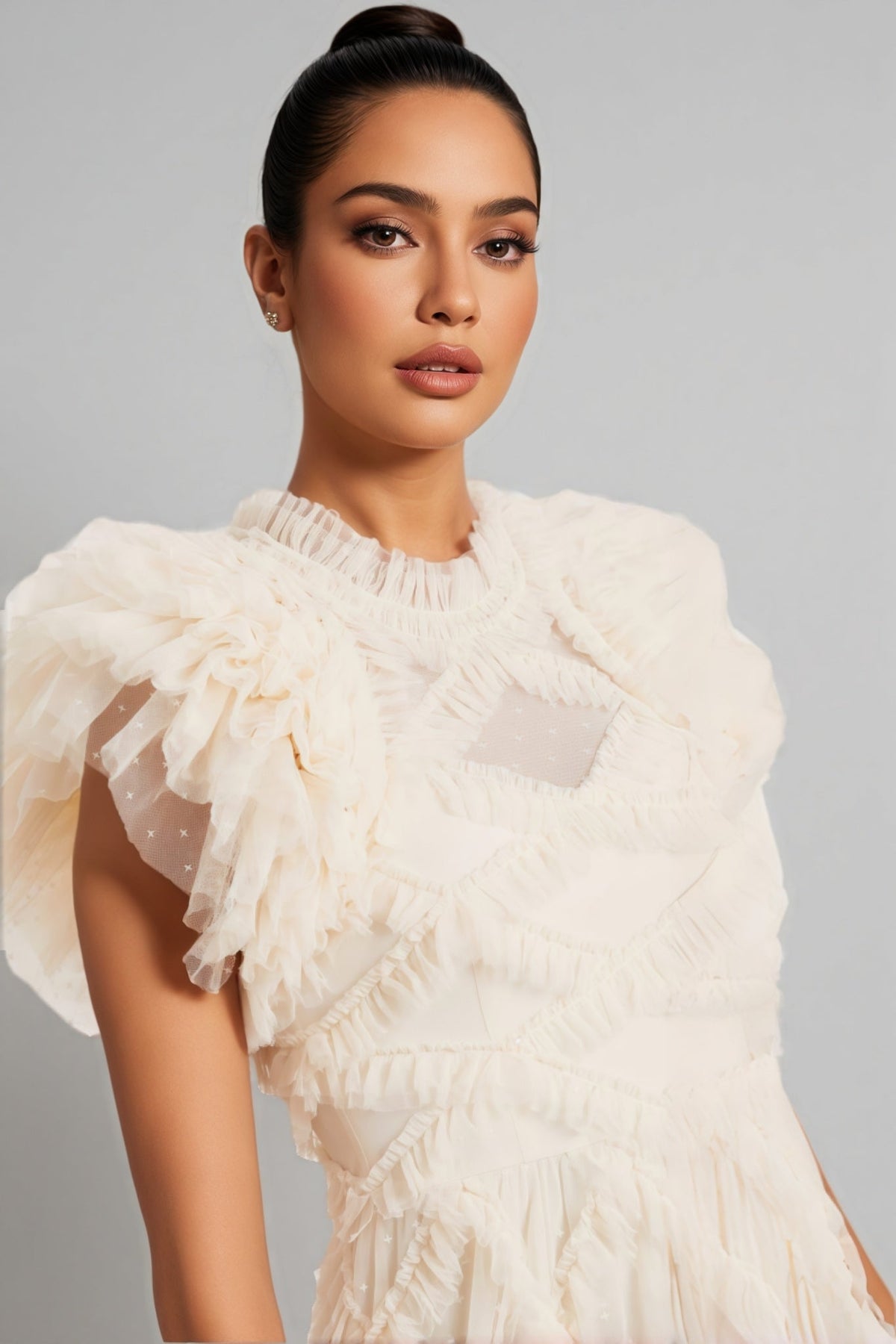 Dotted Mesh Tiered Ruffle Flutter Sleeve Maxi Dress 4