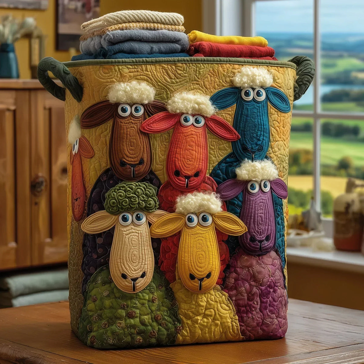 Quilted Sheep Print Handled Storage Basket