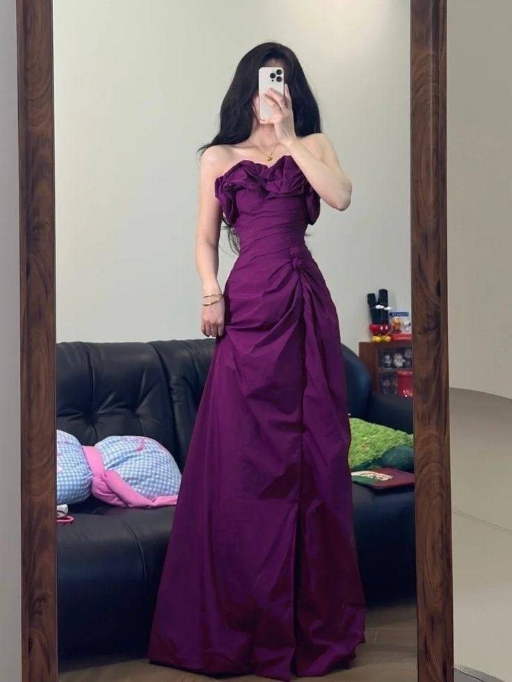 Elegant A Line Strapless Burgundy Satin Long Prom Dresses Formal Dress C4638
