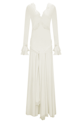 V-Neck Long Sleeve Lace Trim Ruched Maxi Dress 11