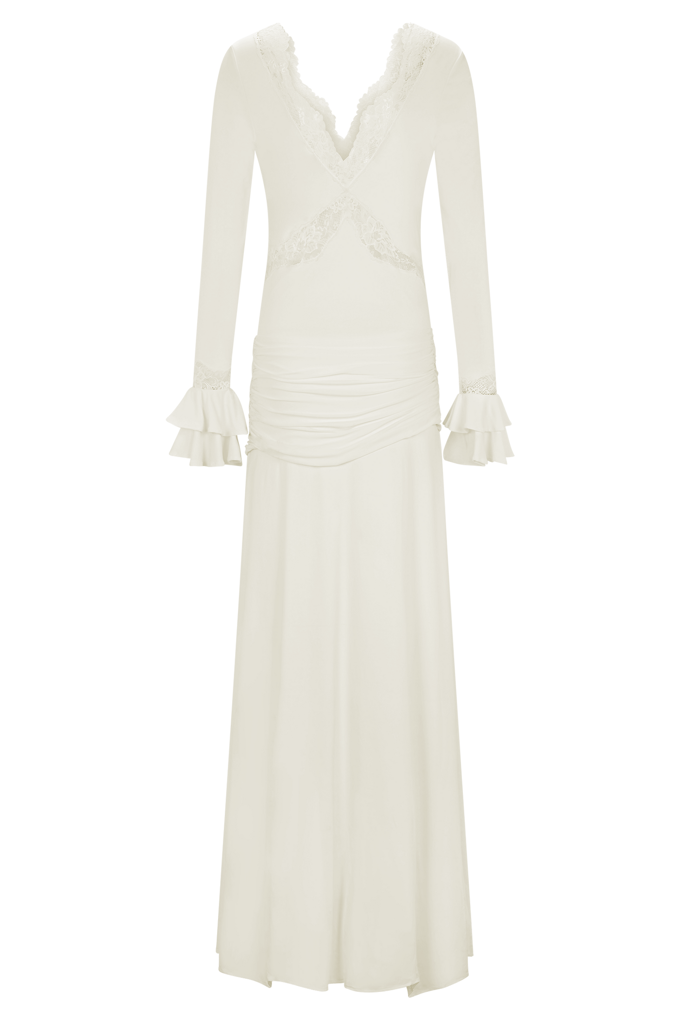 V-Neck Long Sleeve Lace Trim Ruched Maxi Dress 10