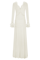 V-Neck Long Sleeve Lace Trim Ruched Maxi Dress 10