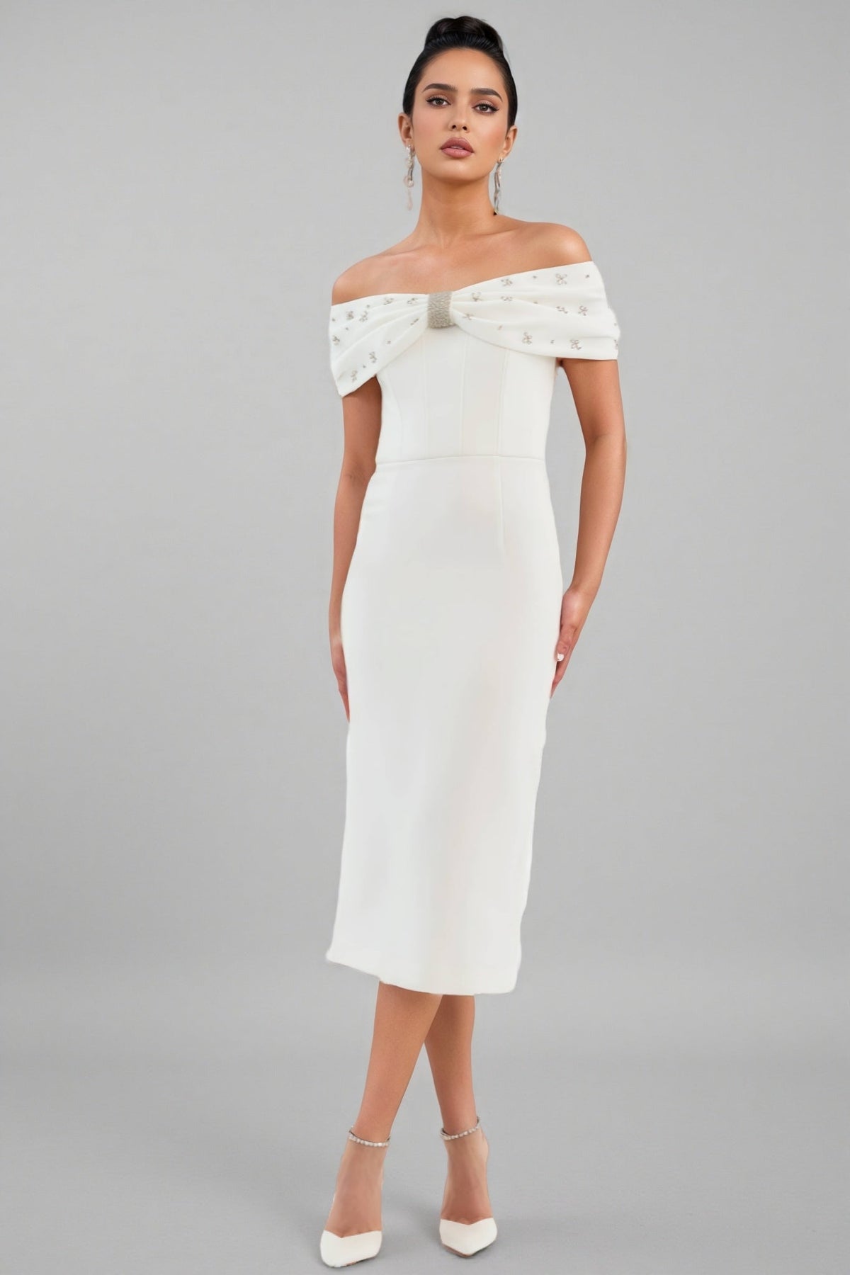 Off Shoulder Beaded Bow Bodycon Midi Cocktail Dress