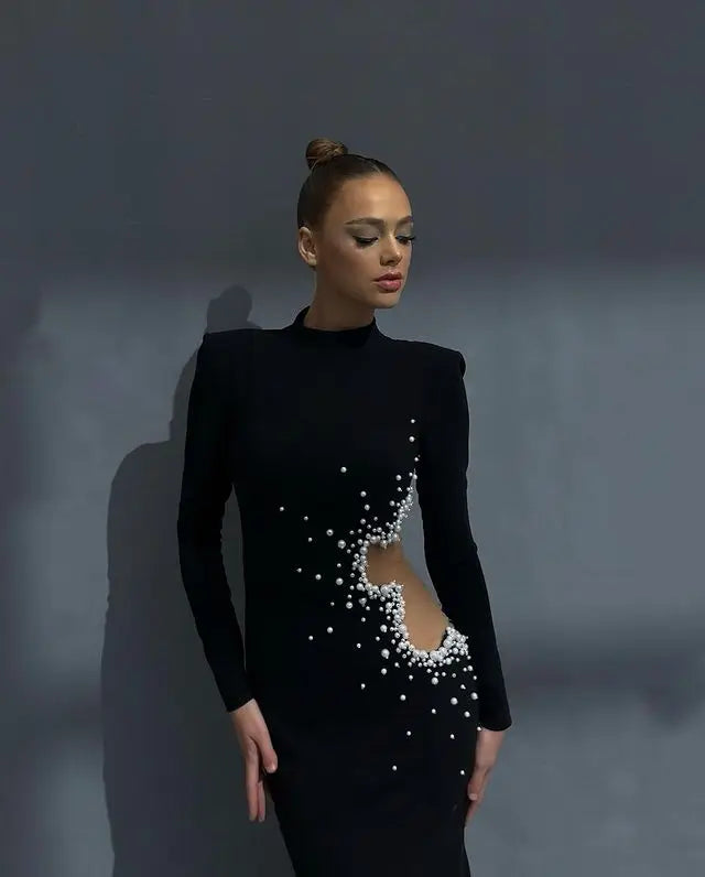 Beaded Pearl Long Sleeve Party Dress