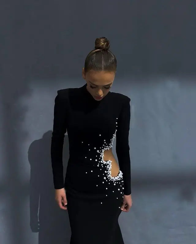 Faux Pearl Beaded Cut Out Mock Neck Long Sleeve Bodycon Dress 3