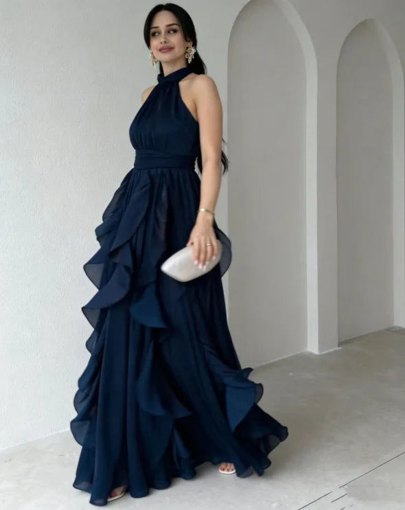 Halter Neck Cascade Ruffle Chiffon Maxi Gown